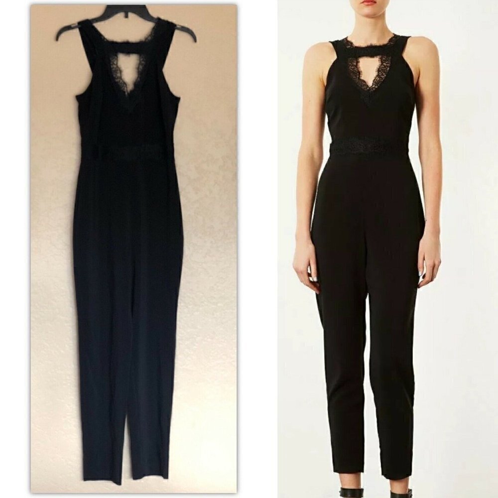 Topshop Women's Black Cut Out Lace Jumpsuit Size 8
